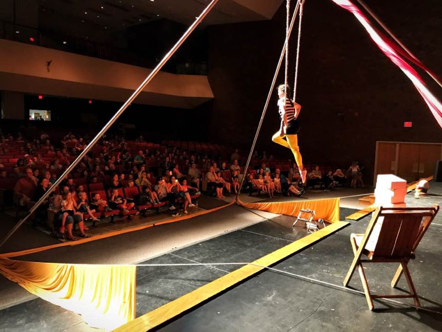 trapeze artist in a theater with audience 