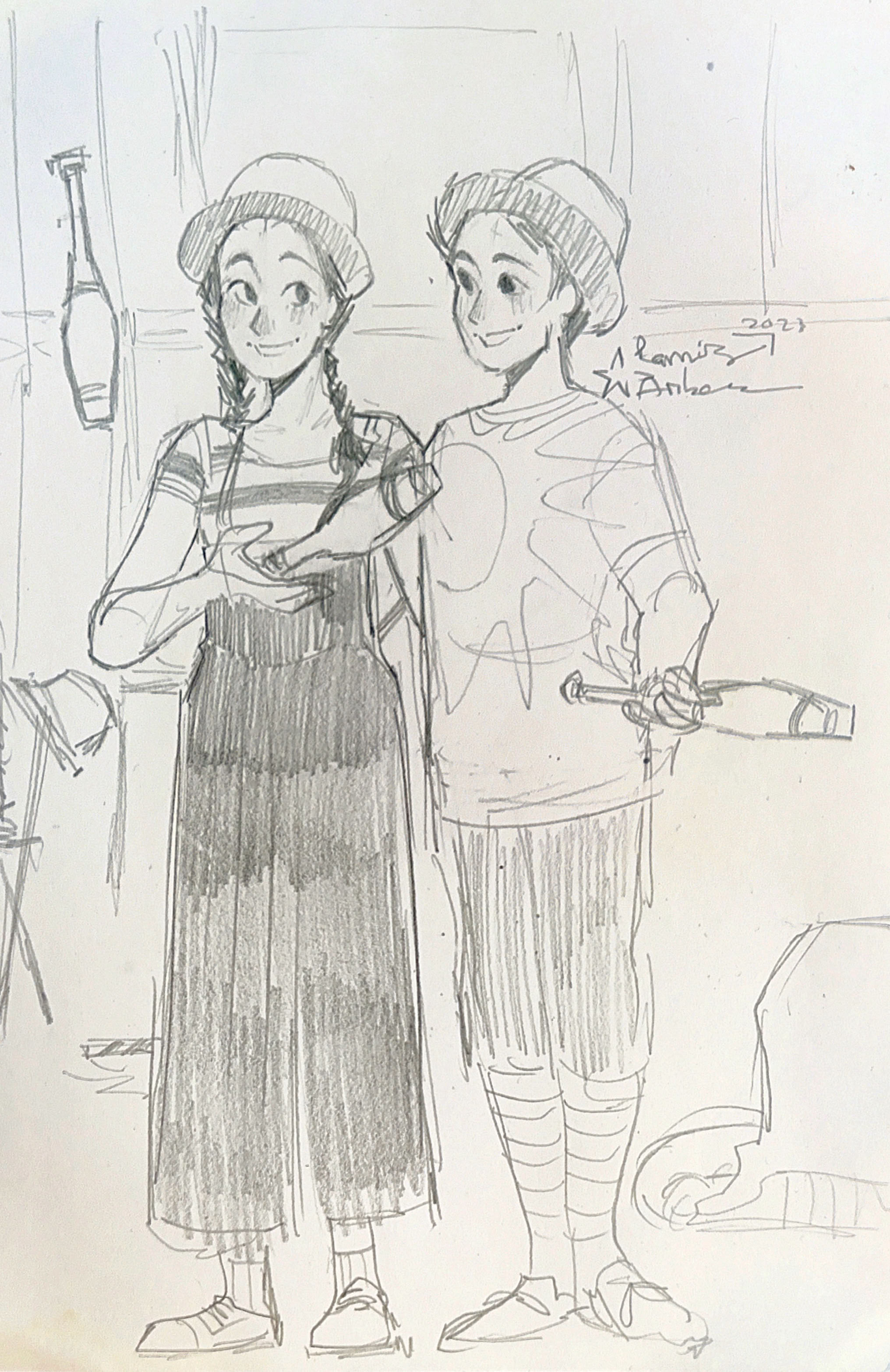 anime pencil drawing of two jugglers